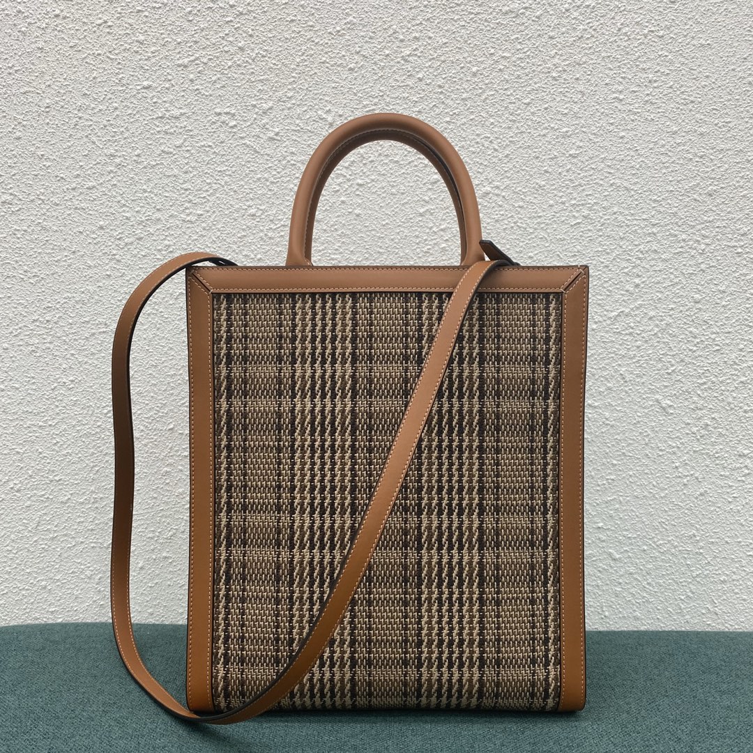 Celine Small Vertical Cabas In Houndstooth Textile With Celine Print And Calfskin Tan 192082